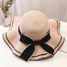Wide Brim Hats 2022 Bow Woven Hat Women Summer Straw Fashion Elegant Versatile Beach Travel Big Edge Sun Foldable Elob22