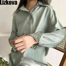 Lizkova White Cotton Offcial Blouse Women Shiner Long Sleeve Casual Shirt Elegant Lapel Ladies Tops 8888 210401