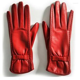 Five Fingers Gloves Women's Retro Butterfly Knot Autumn Winter Sheepskin Genuine Leather Ladies For Driving Touch Screen DZZP01