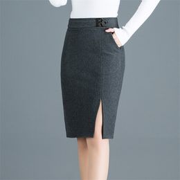 Autumn&Winter Woollen Skirt Women Korea Slim Sexy High Waist Elastic Front Slit Pencil Skirt Plus Size Black Midi Skirts 3XL 210306