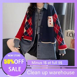 Women's Jackets Women Sweater Cardigans Winter Spring Thick Warm Knit Argyle Coats Turn Down Collar Halloween Long Patchwork Denim Jacket