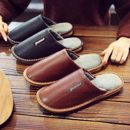 Autumn And Winter Cow Skin Cotton Slippers Men And Women Indoor AntiSlip Warm Waterproof Pair Leather Cotton Slippers J220716