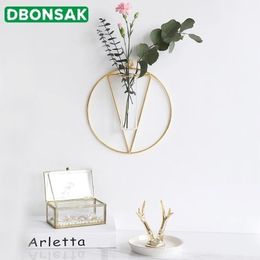 Wall Hanging Geometric Wrought Iron Vase Glass Gold Plated Flower Tabletop Pot Home Wedding Decoration Y200709