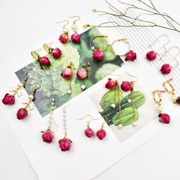 Dangle & Chandelier 1Pair Natural Dried Flower Earrings Gold Pink Rose Petal Women Drop Earring Party Real Dry Jewellery