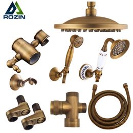 Rozin Antique Brass Rainfall Shower Head 3-Way Faucet Diverter Wall Mount Fixer Bracket Handshower Arm 220401