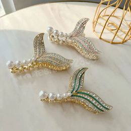 Length 11.6 CM Pearl Crystal Fishtail Clamps Women Ponytail Large Hair Claws Clips Alloy Hairpins Female Wash Scrunchies Headdress Ornaments Wholesale