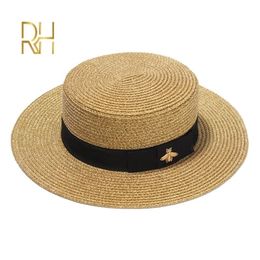 Ladies Sun Boater Flat Hats Small Bee Sequins Straw Hat Retro Gold Braided Hat Female Sunshade Shine Flat Cap RH 220712