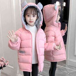 New Mid-Length Back Pocket Jackets Young Children Winter Warm Kids Girls Jackets Non-removable Hooded Solid spout 4-12 Year J220718