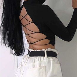 Women Elegant Fashion Casual Long Sleeve Blouse V-Neck Backless bandage Top 210716