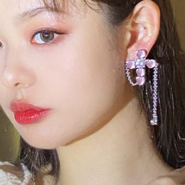 Dangle & Chandelier Fashion Pink Love Heart Cross Tassel Dangle Earrings For Women 2022 New Jewellery