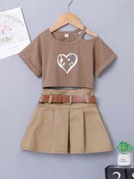 Toddler Girls Heart Print Cut Out Tee & Belted Skirt SHE