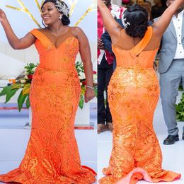 2022 Plus Size Arabic Aso Ebi Orange Mermaid Luxurious Prom Dresses Sheer Neck Evening Formal Party Second Reception Birthday Engagement Gowns Dress ZJ475