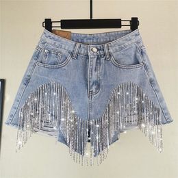 Denim Shorts Women Clothing Fashion Summer Ripped Jeans Short Femme High Waist Diamond Tassel Y2k Casual Bottoms For Ladies 220423