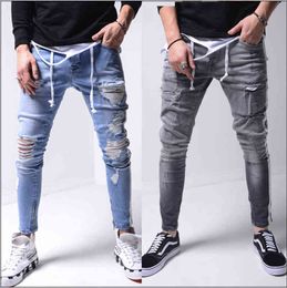 Herren Hip-Hop High-End Tight Slim Fit Zerrissene Jeans für Männer Streetwear Hosen mit Lochdesign Kleine Füße Herren Jean Patalon Homme G0104