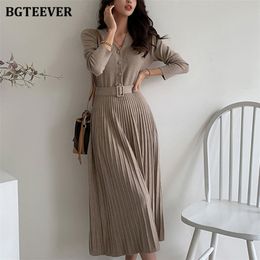 BGTEEVER Elegant V neck Single breasted Women Thicken Sweater Dress Autumn Winter Knitted Belted Female A line soft dresses 220611
