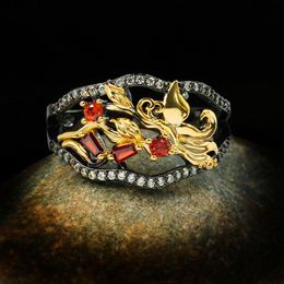Wedding Rings Punk Female Red Crystal Stone Ring Classic 14KT Black Gold Luxury Hollow Flower Engagement For WomenWedding