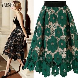 Faldas Mujer Moda Women Elegant Fashion Flower Embroidery Hollow Out Lace Skirts Womens Casual Sexy Party Black 220317