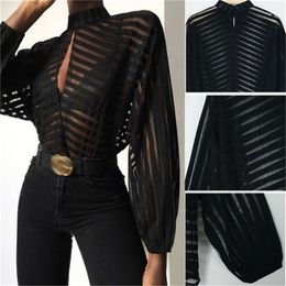 Sexy Black Women Mesh Sheer Blouses Ladies Long Sleeve Striped Front Hollow Out Transparent Shirts Blusas Mujer Camisas 220812
