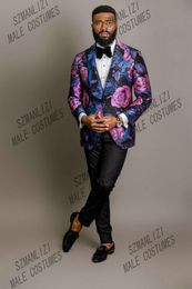 2022 Terno Masculino Slim Male Dress Purple Floral Formal Wedding Mens Suits Groom Tuxedos Prom Suits For Men Party Blazer Pant