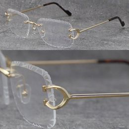 2022 Luxury Diamond Cut Lens With C Decoration Frames Woman 18K Gold Rimless Eyeglasses Man Large Square Eyewear UV400 Design Model Glasses Male and Female Optical