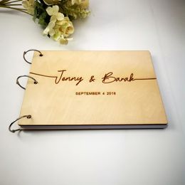 Custom Bride Groom Name And Date Wooden Calligraphy Guest Book Personalized Laser Engraved Wedding Album Gift for Couple 220618