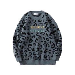 Letter Embroidery Leopard Jacquard Oversize Men Stylish Knitted Sweater Hip Hop Knitwear Casual Women Pullover Gothic Clothes T220730