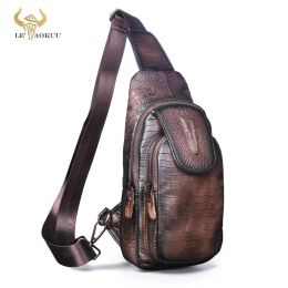 Waist Bags Men Natural Real Leather Retro Coffee Triangle Chest Sling Bag 8" Tablet Design One Shoulder Strap Cross Body Male 5016