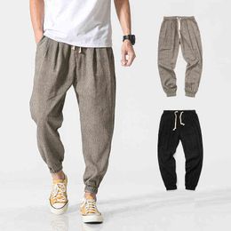 2022 Men Cotton Linen Casual Harem Pants Men Solid Colour Jogger Pants Male Chinese Traditional Style Harajuku Trousers L220706