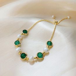 Link Chain Baroque Pearl Green Stone Round Bead Bracelet For Woman Classic Elegant Fashion Korean Jewellery Party Girl's Gift