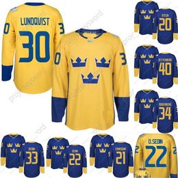 CeoMit 2016 World Cup Team Sweden Hockey Jerseys Lundqvist Markstrom Ekman larsson Sedin Eriksson Steen Backstrom Silfverberg Custom Hockey Jerseys