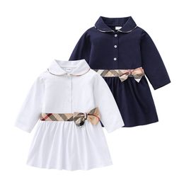 Baby Girls Long Sleeve Dresses Turn-Down Collar Girl Princess Dress With Bowknot Cotton Kids Plaid Skirts 1-6 Years