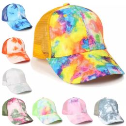 Summer Party Supplies Tie-Dye Ponytail Hats 6 couleurs Mesh Hollow Messy Bun Baseball Cap Camilier
