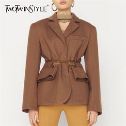 TWOTWINSTYLE Casual Slim Solid Belt Pocket Blazer Notched Long Sleeve Split Gathered Waist Coat For Women Autumn Style 220402