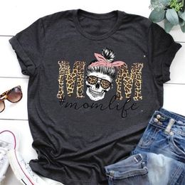 Leopard Skull Head Mom Life Print Women T Shirt Short Sleeve O Neck Loose Ladies Fashion Tee Clothes