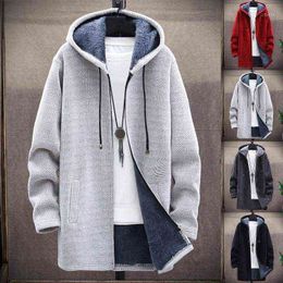 Men's Wool & Blends 2021 Autumn Winter Hooded Coat Men Brand Clothing Cool Mens Long Plush Liner Sweater Zipper Knitted Cardigan Male Overco T220807