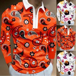 Men's Polos Mens Long Sleeve Compression Shirts Male Casual Halloween Print Zipper Turn Down Collar Blouse Tops ShirtMen's