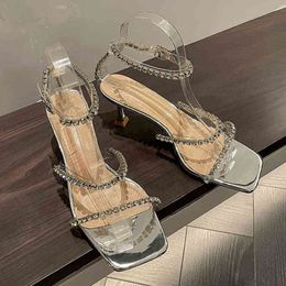 Sandals Rhinestones Silver High Heels Women Shoes 2022 Fashion Clear Strappy Gold Sexy Stiletto Party Bridal 220704