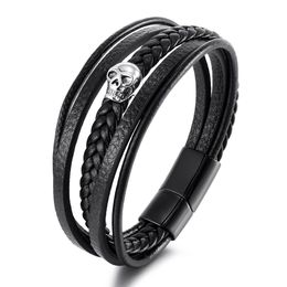 Skull Leather Bracelet For Men Women Skelton Link Chain Genuine Rope Wristband Bangle with Stainless Steel Gothic Punk Jewelry Magnetic Clasp