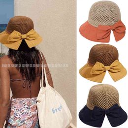 New Bowknot Bucket Hats Women Summer Sunscreen Panama Hat Patchwork Sunbonnet Fedoras Outdoor Fishing Fisherman Hat Beach Cap G220418