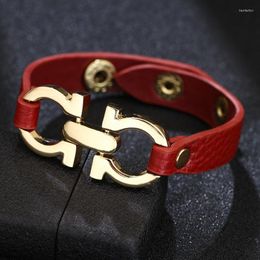 Link Chain 2022 Simple Fashion Bracelet Female Design Red Black Brown PU Leather Gold Alloy Geometric Buckle Bracelets For Women Jewelry Ken