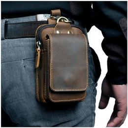 Real Leather men Casual Design Small Waist Bag Cowhide Fashion Hook Bum Bag Waist Belt Pack Cigarette Case 55" Phone Pouch 1609 220628