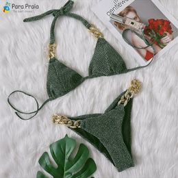 Para Praia Sexy Glint Thong Bathing Suit for Women Brazilian Bikini Set Halter Swimwear Blue Push Up Swimsuit 220620