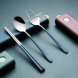 Flatware Sets Stainless Steel Cutlery Set Camping Travel Knife Fork Spoon Non-slip Portable Storage Box Kitchen AccessoriesFlatware