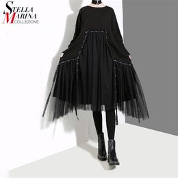 New Plus Size Woman Winter Solid Black Loose Dress Long Sleeve Mesh Overlay Tapes Ladies Casual Style Midi Dress Robe Femme 4564 210401