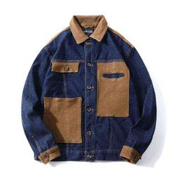 Mcikkny Men Cargo Trucker Denim Jackets And Coats Two Colour Block Patchwork Outwear Top For Male Clothing Size M-4XL T220728