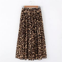 Stinlicher Fashion Women Summer Beach Leopard Casual Chiffon Max Skirt Pleated Long Skirt Ladies Elastic Waist Long Skirt 210306