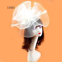big fascinators UK - Large Fascinator Multi-Layers Mesh Headpiece Cocktail Party Ladies Big Feather Gauze Hair Clip White Red Hats