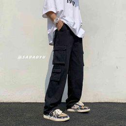 White Black Cotton Cargo Pants Men Fashion MultiPocket Casual Streetwear Loose HipHop Straight J220629