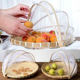 1PC Hand-Woven Food Anti-mosquito Tent Tray Foldable Fruit Vegetable Bread Storage Basket Simple Outdoor Picnic Mesh Net Cover Y220526