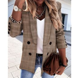 Vintage Casual Plaid Blazer Women Fashion Double Breasted Office Ladies Jacket Coat Notched Collar Long Sleeve Suits Woman 2020 LJ201021